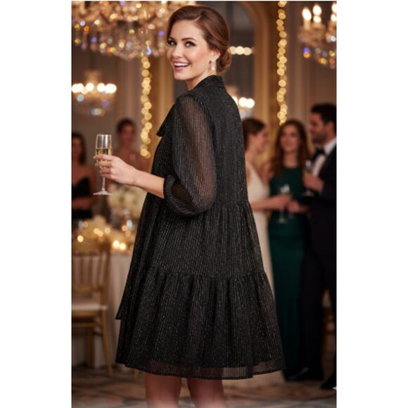 NANETTE Nanette Lepore Dresses & Skirts - Nanette Lepore Black & Gold Sparkle Swing Dress with Tie Neck